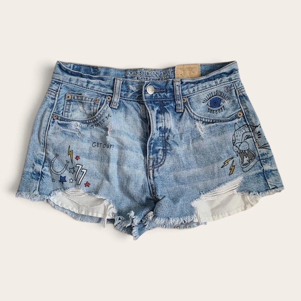 American Eagle Y2K Vintage Hi Rise Grunge Graffiti Button Fly Denim Shorts